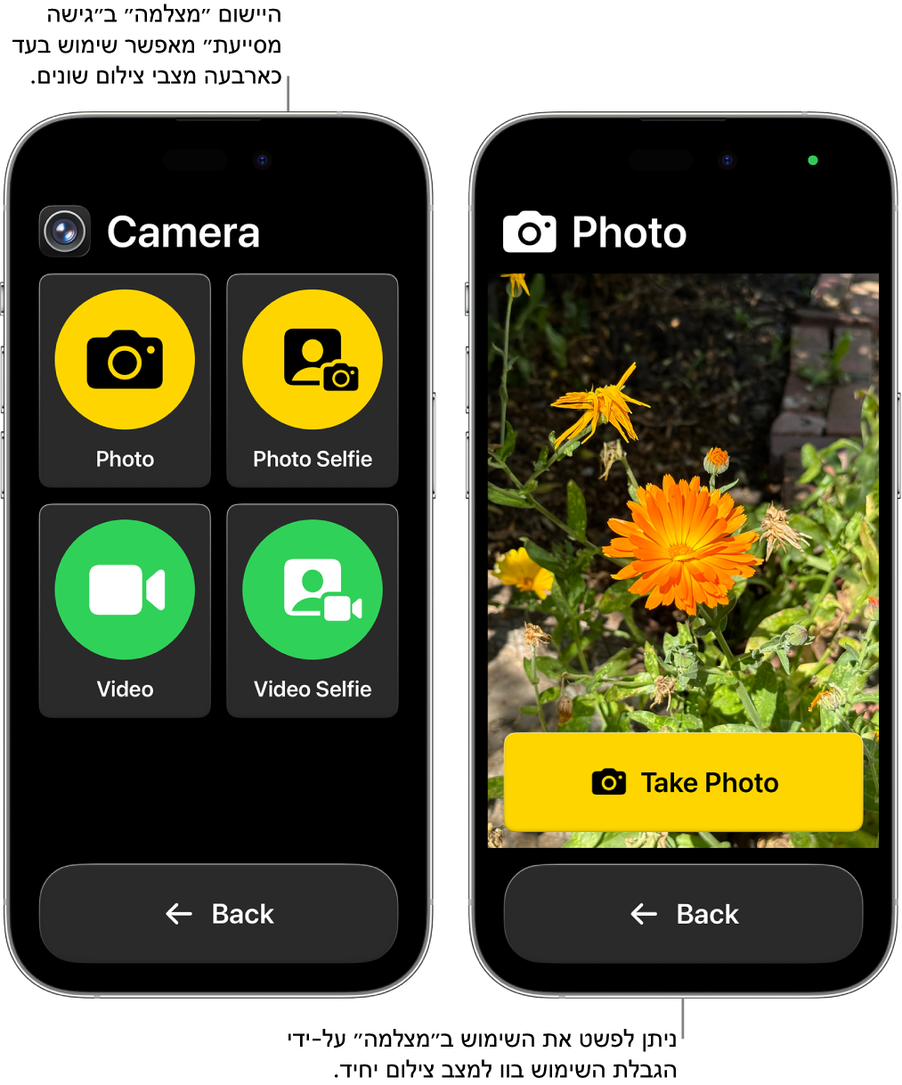 המסכים של שני מכשירי iPhone במצב ״גישה מסייעת״. מכשיר iPhone אחד מראה את היישום ״מצלמה״ עם מצבי המצלמה שהמשתמש יכול לבחור מביניהם, כמו ״וידאו״ או ״סלפי תמונה״. ה‑iPhone השני מראה את היישום ״מצלמה״ עם מצב יחיד לצילום תמונות.