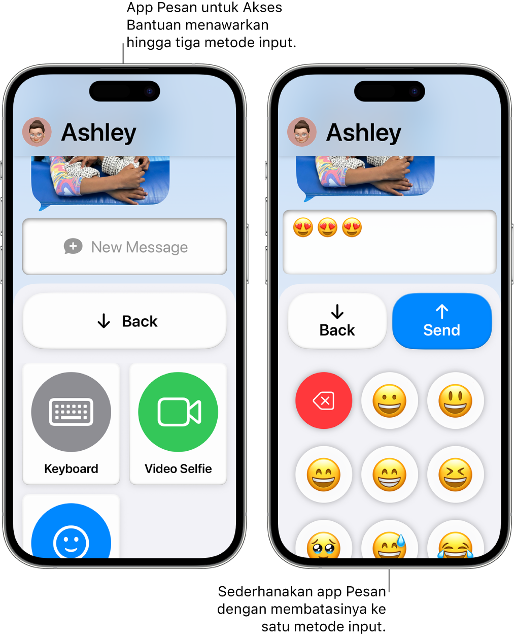 Dua layar iPhone dalam Akses Bantuan. Satu iPhone menampilkan app Pesan dengan metode input yang dapat dipilih pengguna, seperti Papan Ketik atau Selfie Video. Yang lainnya menampilkan pesan yang sedang dikirim menggunakan papan ketik hanya emoji.
