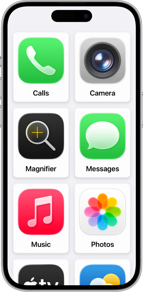 Um iPhone a mostrar o ecrã principal do Acesso assistido com uma grelha grande de ícones de aplicações e os respetivos nomes.