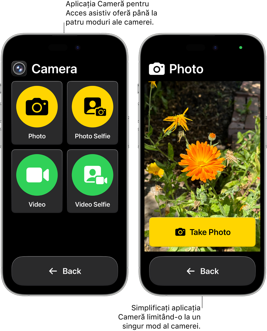 Două ecrane de iPhone în modul Acces asistiv. Un iPhone afișează aplicația Cameră cu modurile camerei pe care le poate alege utilizatorul (de exemplu, Video sau Selfie foto). Celălalt iPhone afișează aplicația Cameră cu un singur mod pentru poze.