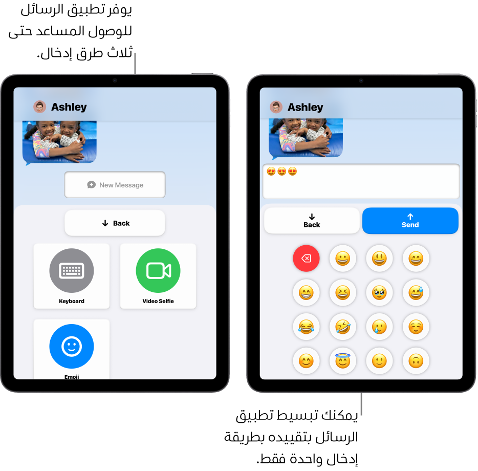 شاشتان لجهازي iPad في الوصول المساعد. يعرض جهاز iPad منهما تطبيق الرسائل وبه أوضاع إدخال يمكن للمستخدم الاختيار منها، مثل لوحة المفاتيح أو سيلفي فيديو. ويعرض الآخر رسالة يتم إرسالها باستخدام لوحة مفاتيح إيموجي فقط.