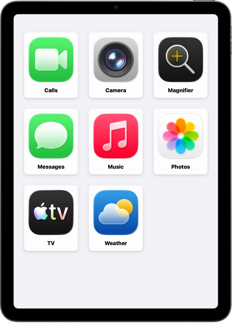 Un iPad amb la pantalla d’inici de l’ús assistit amb una gran retícula d’icones d’app i els seus noms.