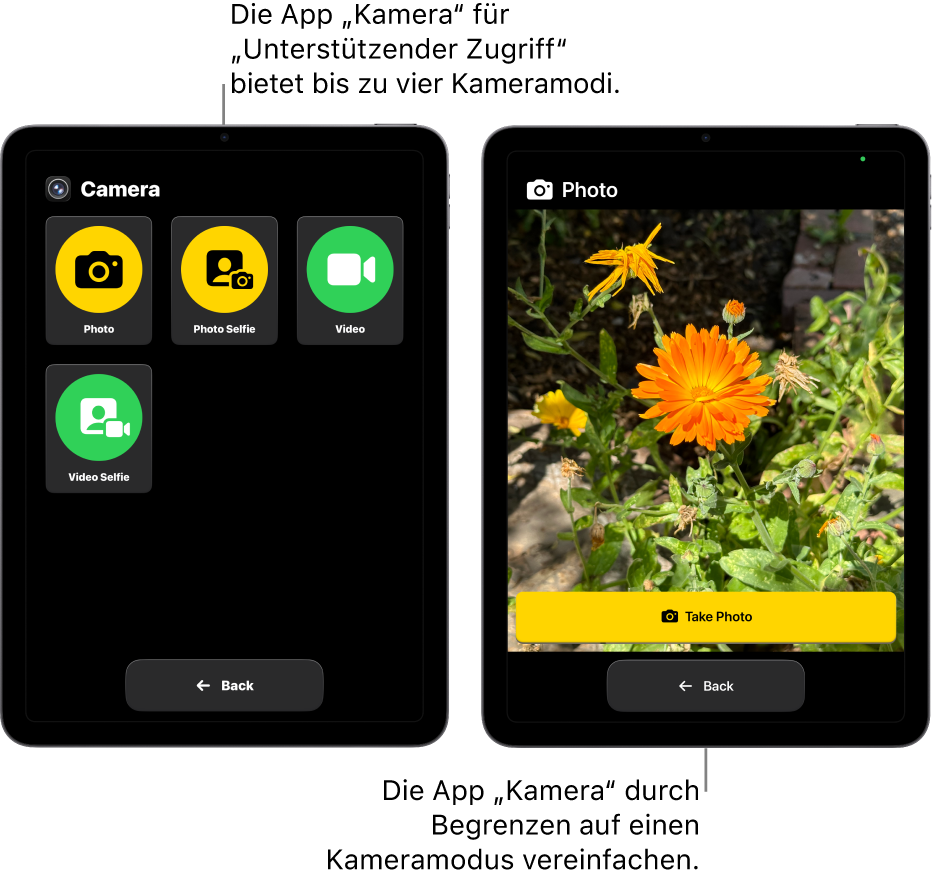 Zwei iPad-Bildschirme mit der aktivierten Funktion „Unterstützender Zugriff“. Auf einem iPad wird die App „Kamera“ mit auswählbaren Kameramodi wie „Video“ oder „Foto-Selfie“ angezeigt. Auf dem anderen iPad wird die App „Kamera“ mit einem einzigen Modus zum Aufnehmen von Fotos angezeigt.