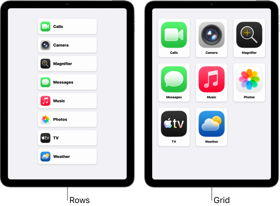 Two iPad screens in Assistive Access. One shows the Home Screen with apps listed in a row. The other shows larger apps arranged in a grid.