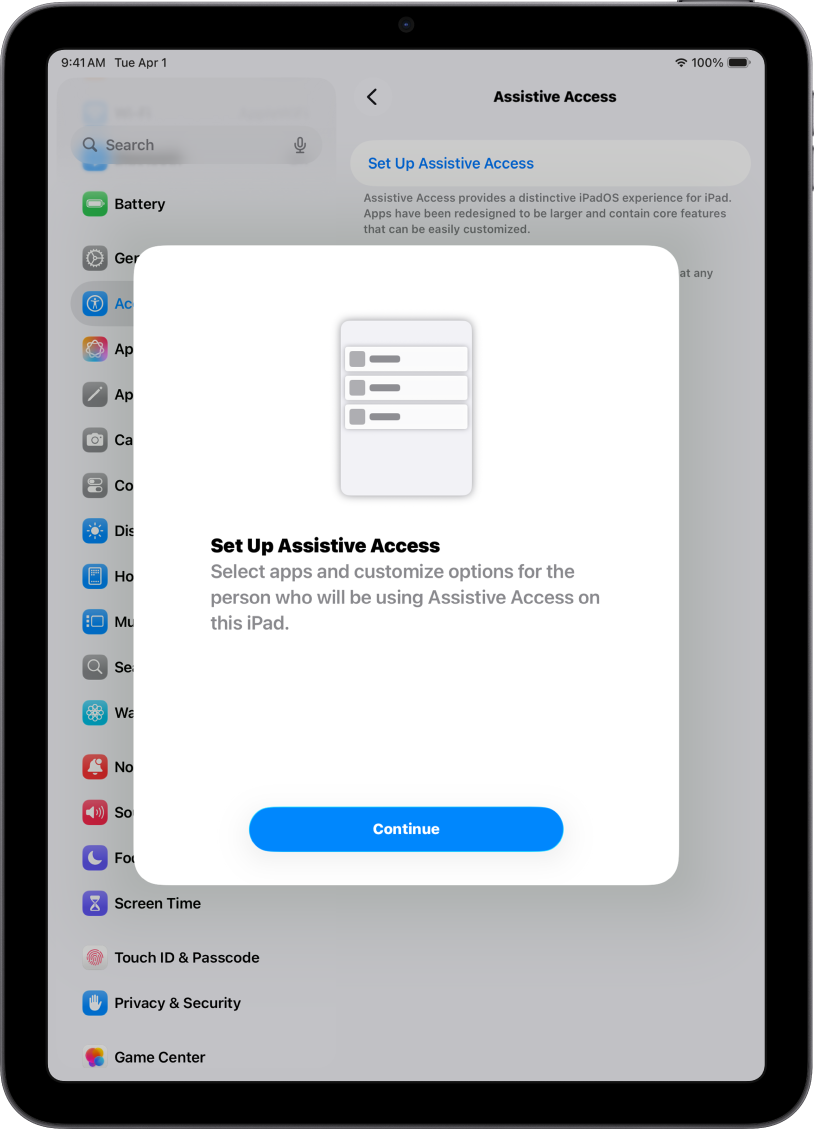 Un iPad mostrando la pantalla de configuración del acceso asistido con el botón Continuar en la parte inferior.