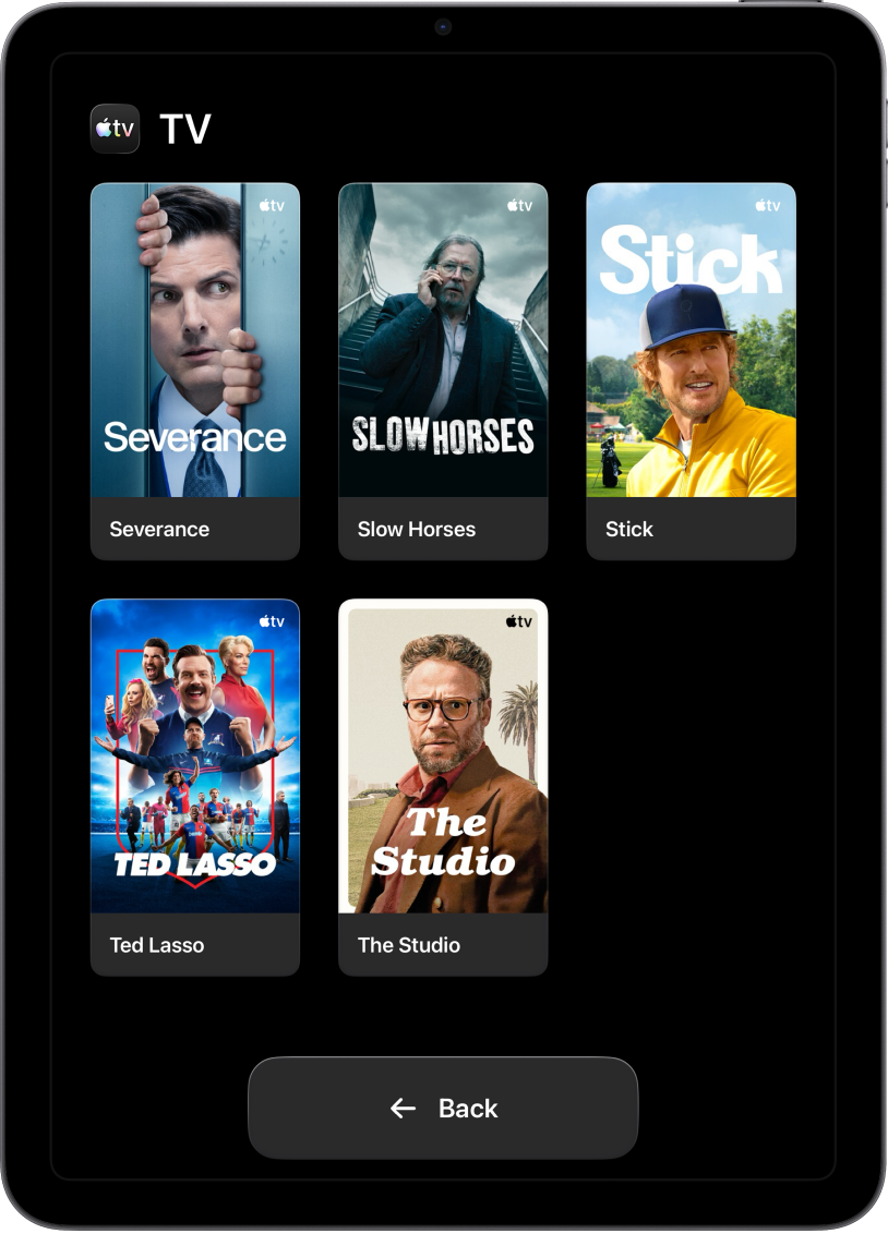 Egy Könnyített hozzáférés módban lévő iPaden -on az Apple TV egy nagy rácsban van megjelenítve, alul a Vissza gomb látható.