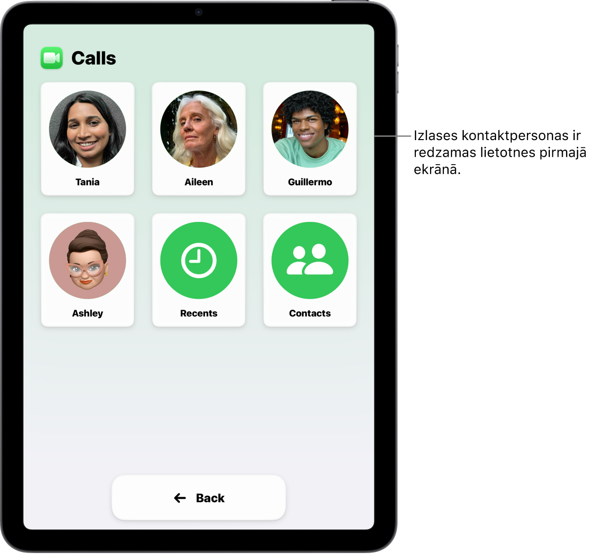 iPad ierīce ar funkciju Assistive Access un atvērtu lietotni Calls, kurā redzams režģis ar kontaktpersonu fotoattēliem un vārdiem.