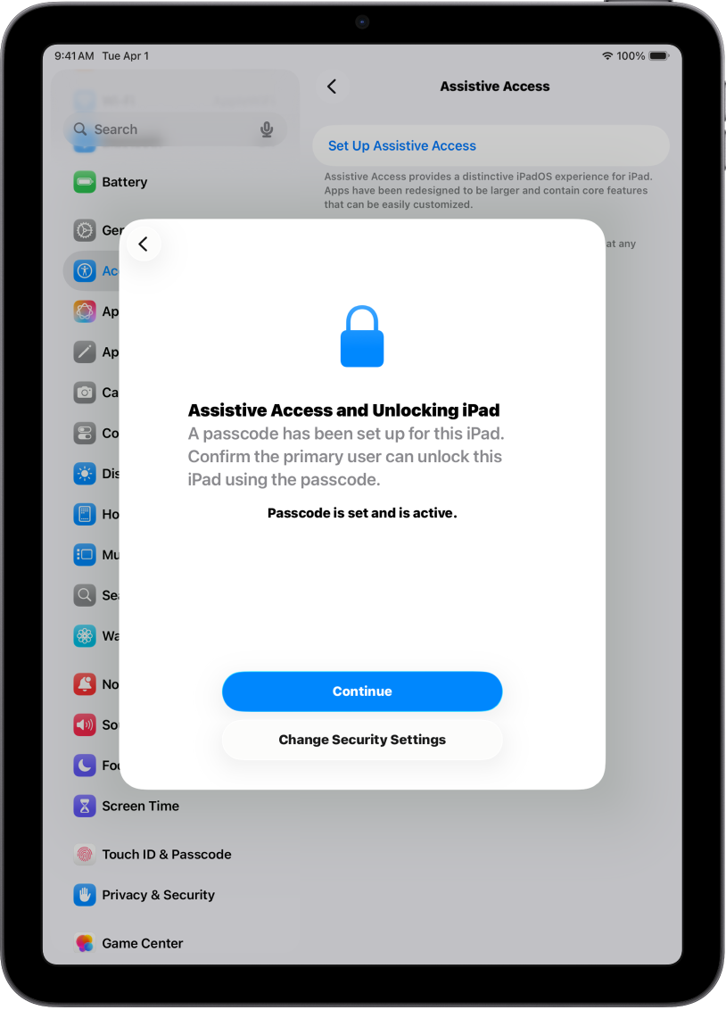 iPad dengan skrin yang meminta penyokong yang dipercayai untuk mengesahkan orang yang menggunakan peranti tahu kod laluan peranti.