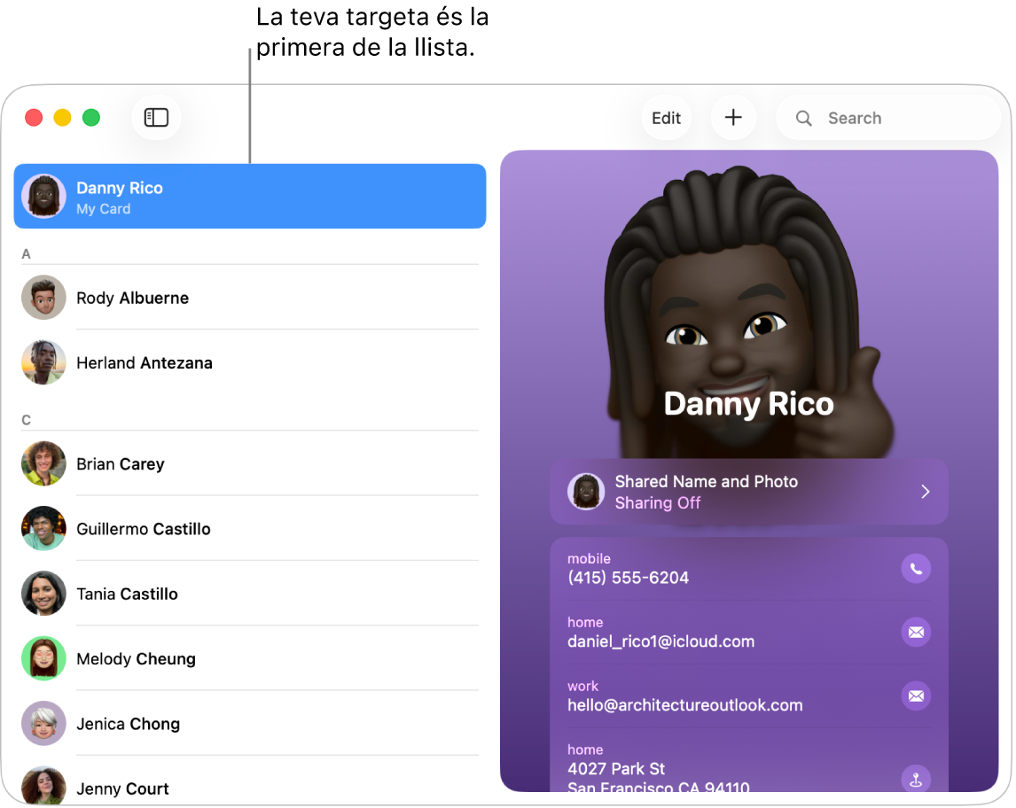 Barra lateral de l’app Contactes que mostra “La meva targeta” a la part superior.
