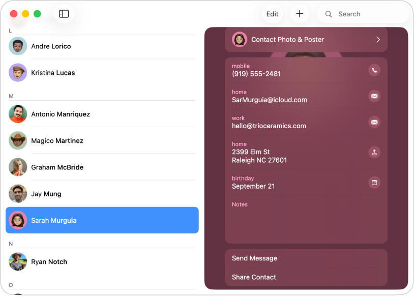 The Contacts window showing a contact with an address.