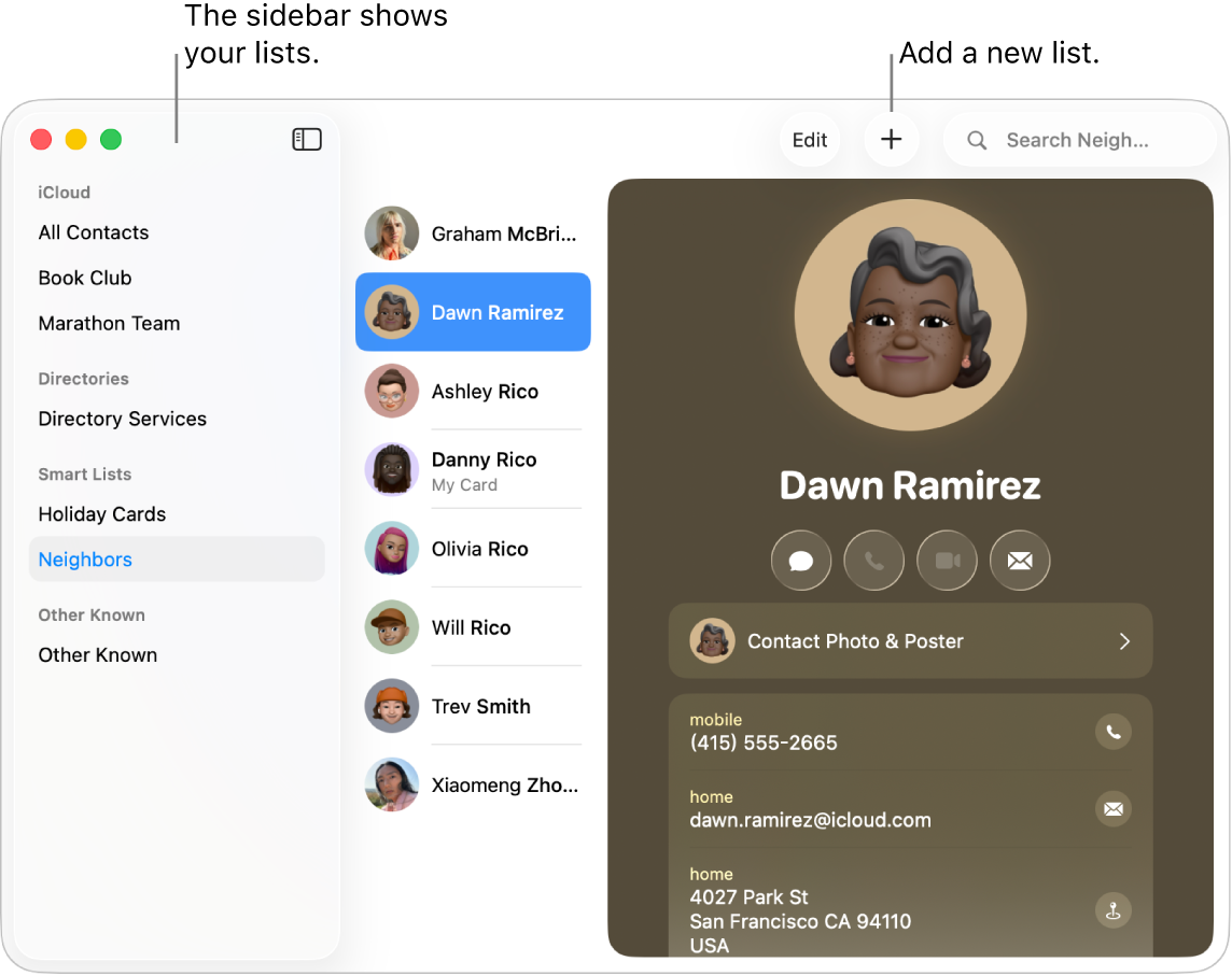 The Contacts window showing the sidebar with lists, such as a Book Club list, and a button at the top of a contact card for adding a new list.