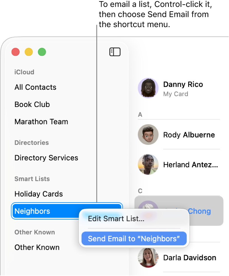The Contacts sidebar showing a pop-up menu with the command for sending email to the list selected.