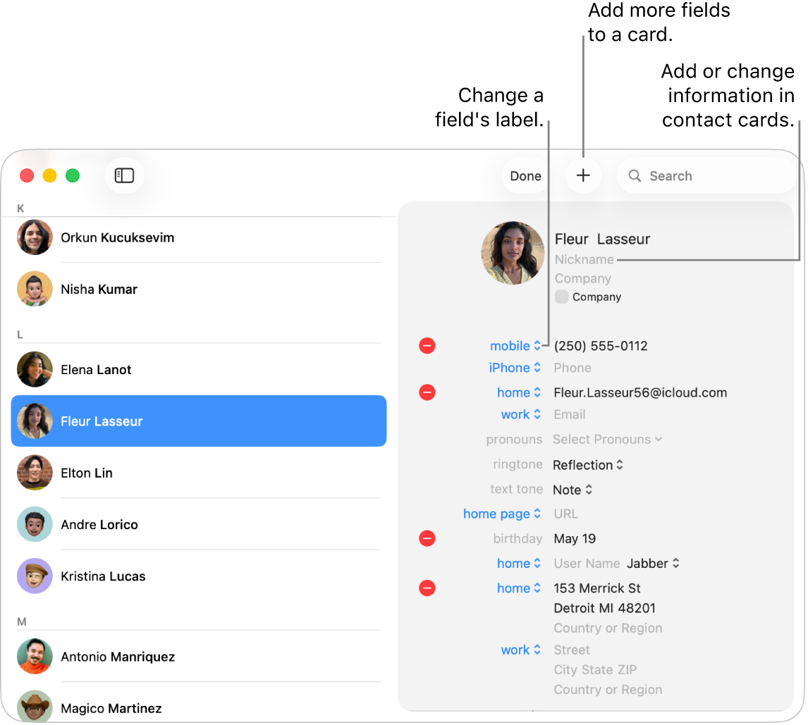 A contact card in edit mode. Click a label to change a field’s label. Click the Add button to add more fields to a card. Click a field to add or change information.