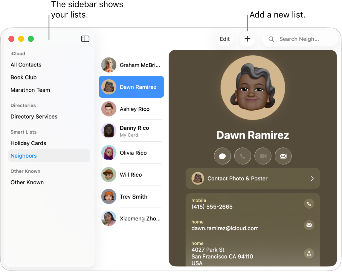 The Contacts window showing the sidebar with lists, such as a Book Club list, and a button at the top of a contact card for adding a new list.