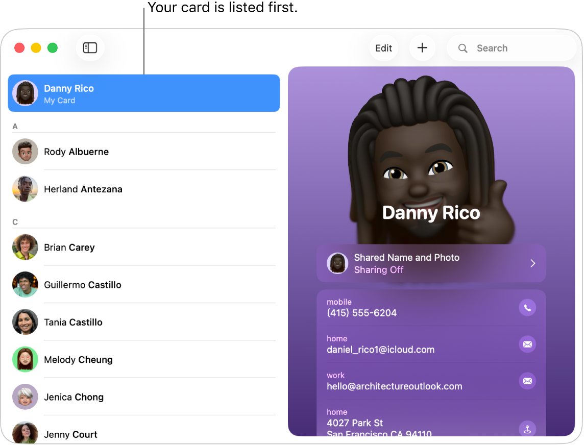 The Contacts sidebar showing the My Card listed at the top.