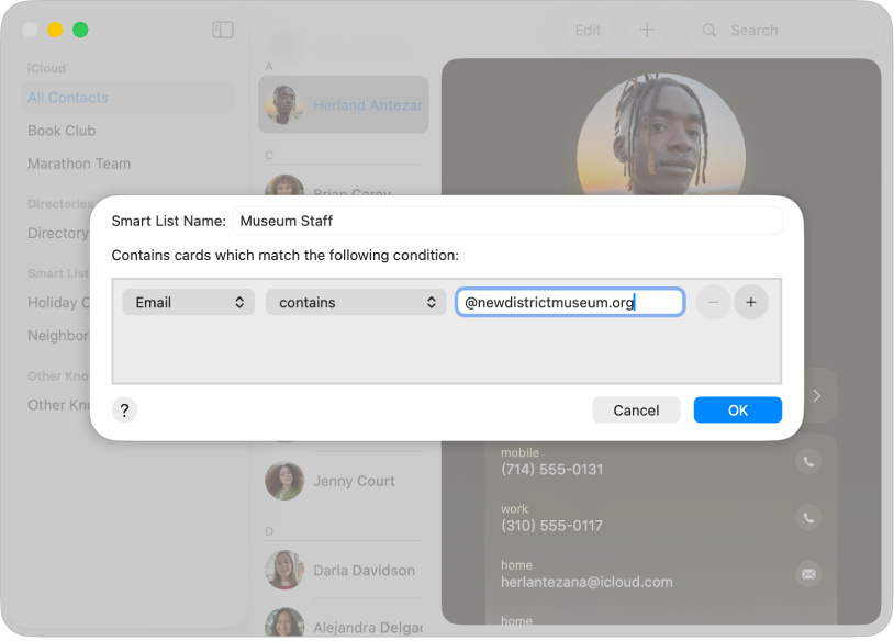 The dialog for adding a Smart List, with a list named Museum Staff that includes contacts who have emails that contain a museum’s email domain.