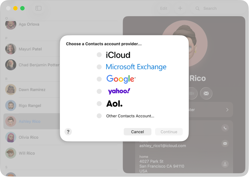 La ventana para agregar cuentas de Internet a la app Contactos.