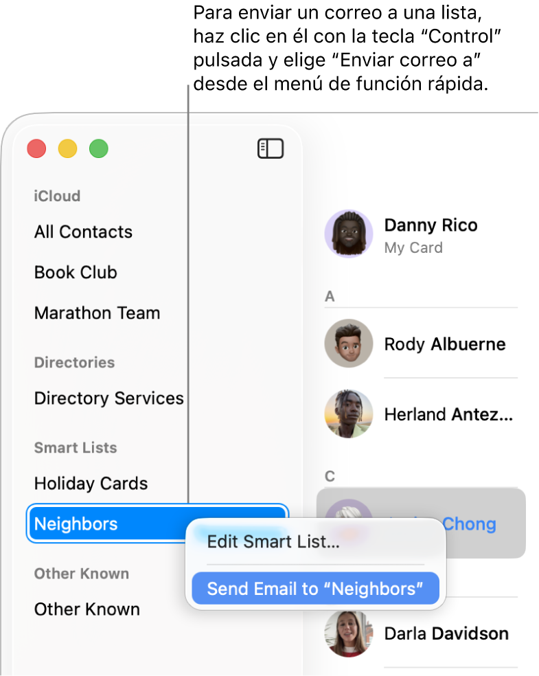 La barra lateral de Contactos mostrando el menú desplegable con el comando para enviar un correo a la lista seleccionada.