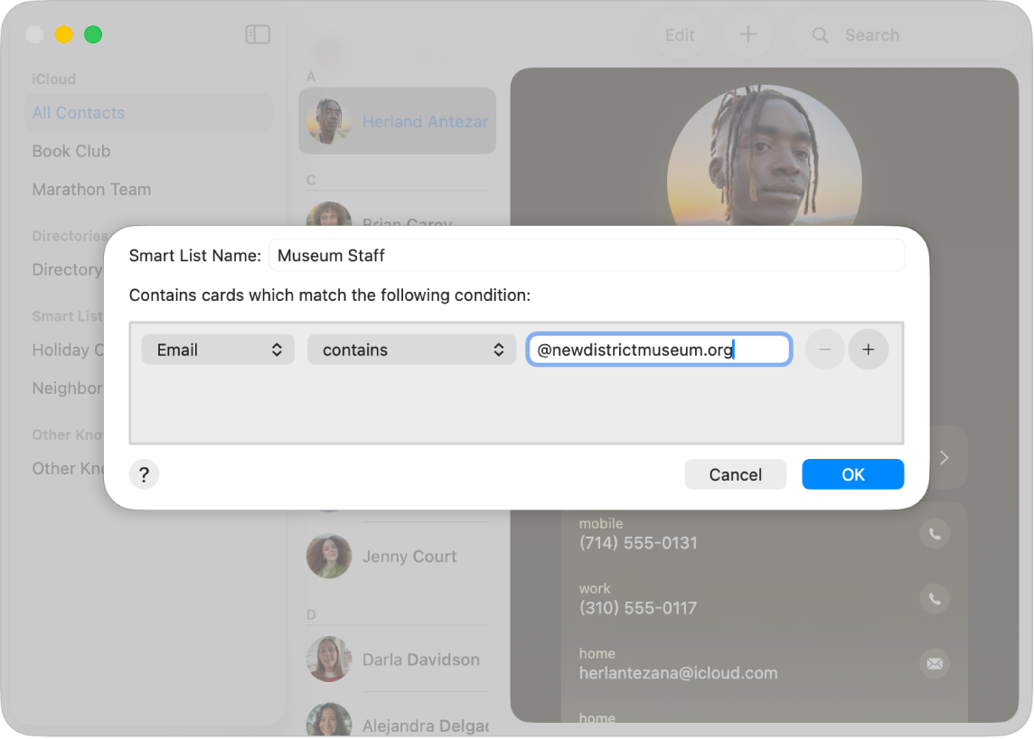La zone de dialogue pour ajouter une liste intelligente, avec trois menus contextuels qui servent à ajouter des critères.