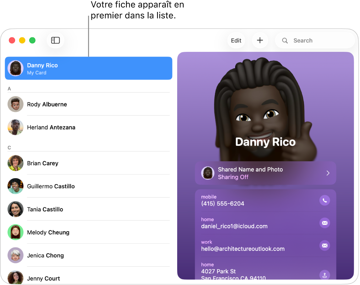 La barre latérale de Contacts affichant Ma fiche en haut de la liste.