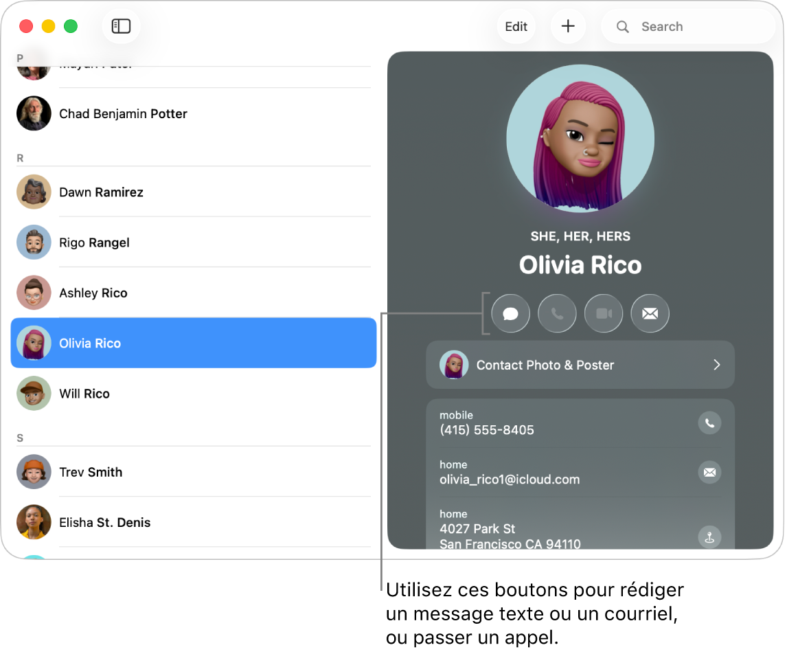 Une fiche de contact affichant les boutons situés sous le nom du contact. Vous pouvez utiliser ces boutons pour commencer un message texte; un appel téléphonique, un appel audio ou vidéo; ou un courriel.