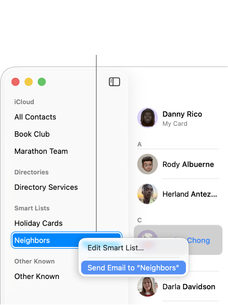 La barre latérale de Contacts affichant un menu local avec la commande permettant d’envoyer un e-mail à la liste sélectionnée.