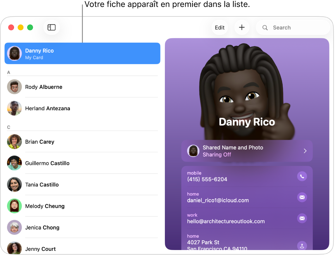 La barre latérale de Contacts avec la fiche « Ma fiche » en haut de la liste.