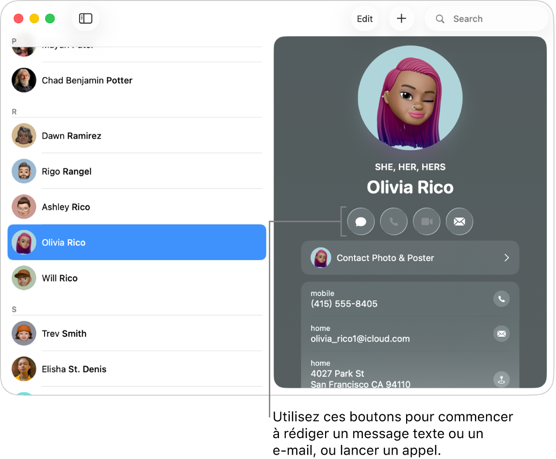 Une fiche de contact affichant les boutons situés sous le nom du contact. Vous pouvez utiliser ces boutons pour commencer un SMS, un appel téléphonique, audio ou vidéo, ou un e-mail.