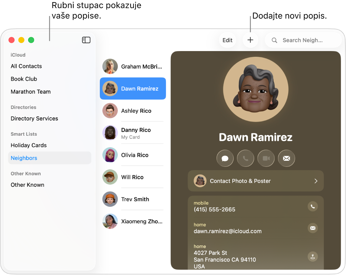 Prozor aplikacije Kontakti prikazuje rubni stupac s popisima poput Čitateljski klub i tipku na vrhu kartice kontakta za dodavanje novog popisa.