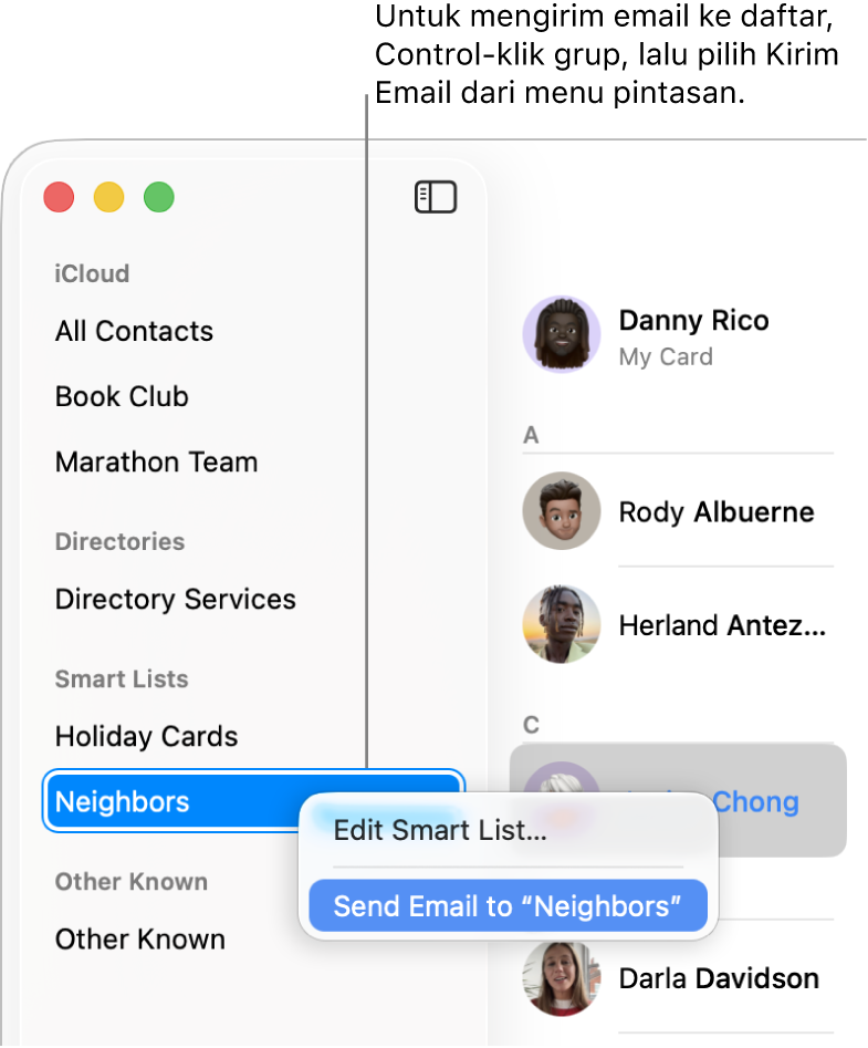 Bar samping Kontak yang menampilkan menu pop-up dengan perintah untuk mengirim email ke daftar yang dipilih.