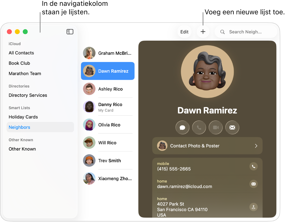 Het Contacten-venster met de navigatiekolom, met daarin lijsten zoals de boekenclub, en een knop boven in een contactpersoonkaart voor het toevoegen van een nieuwe lijst.