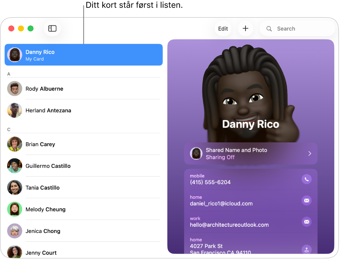 Kontakter-sidepanelet med meg-kortet øverst i listen.