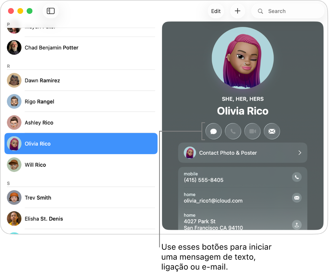 Um cartão de contato mostrando os botões localizados abaixo do nome do contato. Você pode usar esses botões para iniciar uma mensagem de texto, uma ligação telefônica, uma ligação de áudio ou de vídeo, ou um e‑mail.