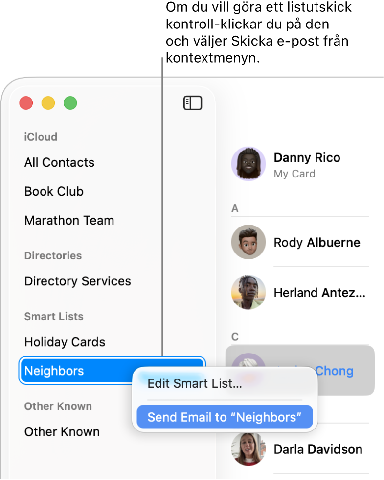 Sidofältet i Kontakter visar popupmenyn med kommandot för att skicka e-post till den valda listan.