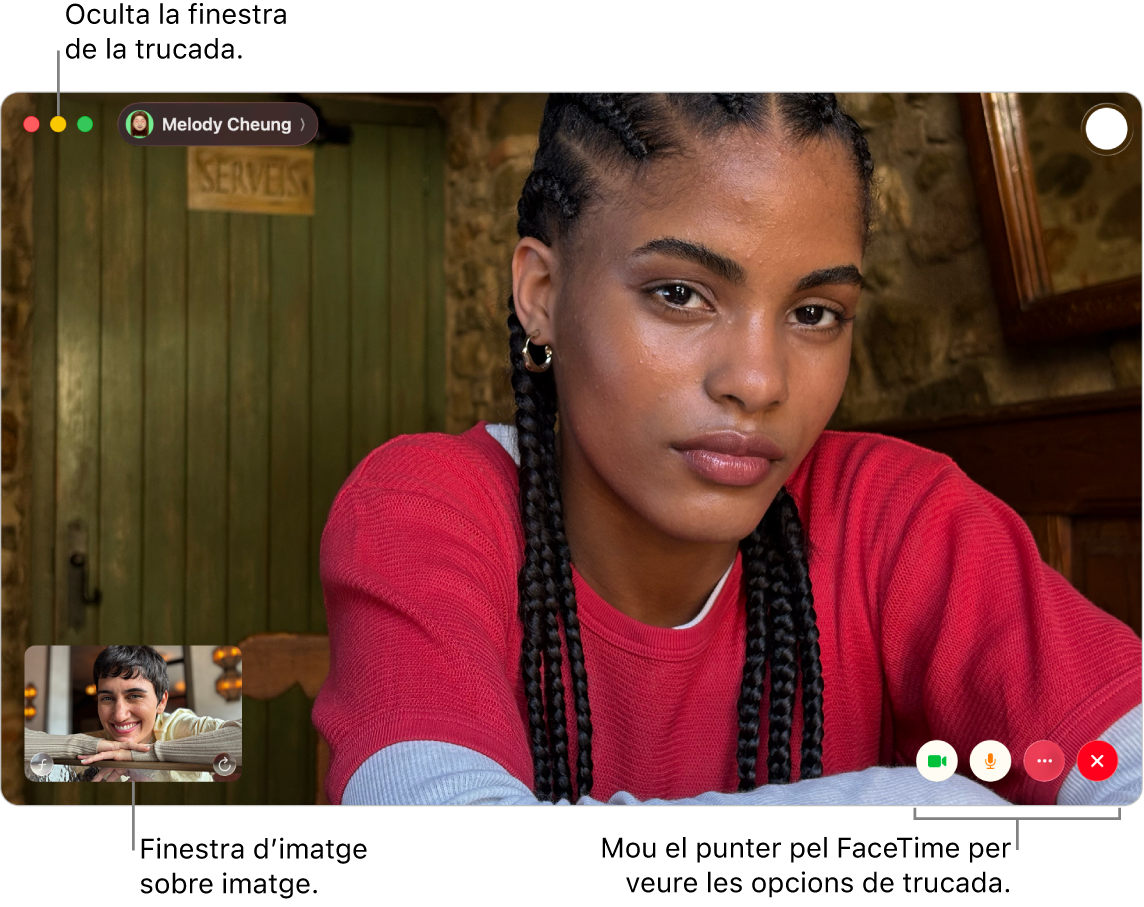 Passa el punter per sobre de la finestra del FaceTime per veure els botons “Barra lateral”, "Càmera” “Silencia”, “Comparteix la pantalla”, “Finalitza la trucada” i “Live Photo”. Fes clic al botó central de l’angle superior esquerre per amagar la finestra de la trucada. La finestra del mode d’imatge sobre imatge es mostra a l’angle inferior esquerre.