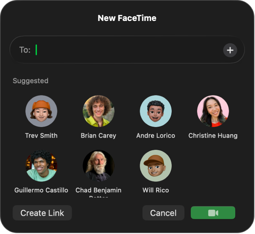 Okno nového hovoru FaceTime s volbami pro vytvoření odkazu nebo zahájení hovoru FaceTime