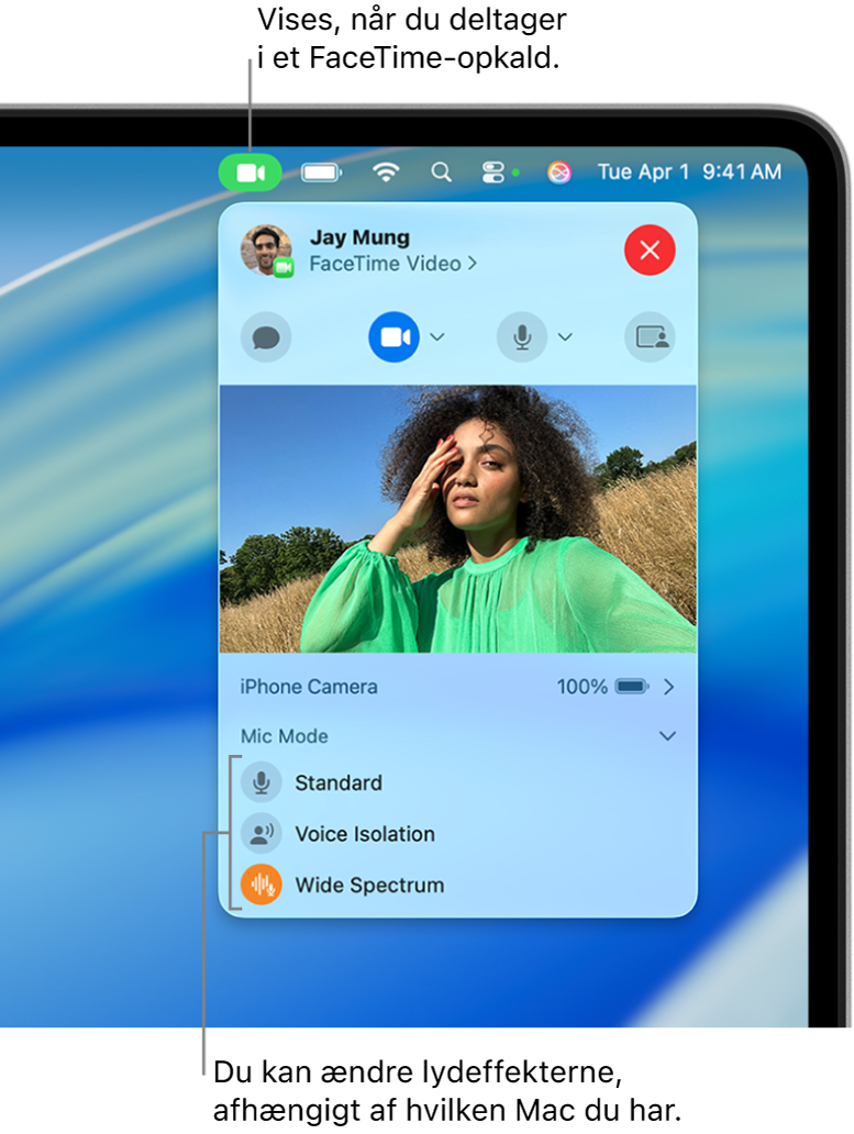 Kontrolcenter i øverste højre hjørne af skærmen på Mac, der viser knappen Video (som vises, når du er med i et FaceTime-opkald) og muligheder for Mikrofon (som ændrer lydeffekter afhængigt af din Mac).
