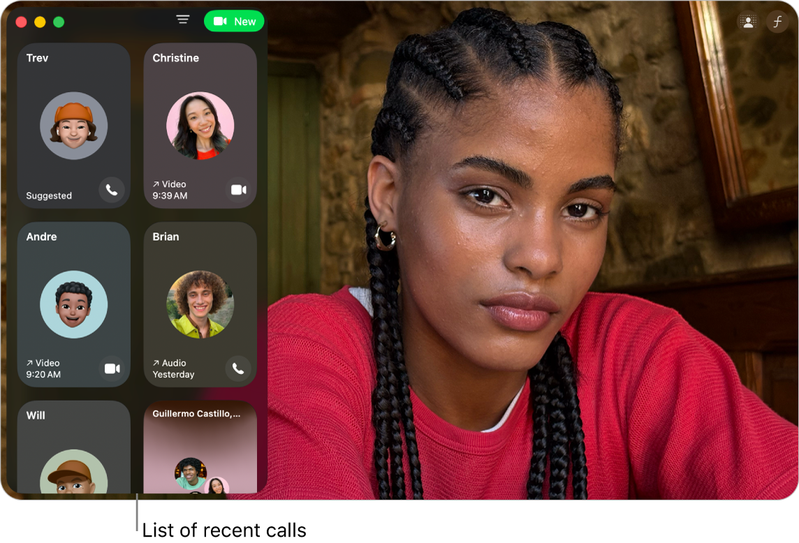 A FaceTime window showing the list of recent callers on the left.