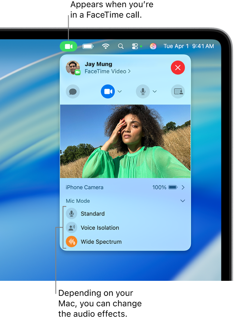 Control Center in the top-right corner of the Mac screen, showing the Video button (which appears when you’re in a FaceTime call) and the Mic Mode options (which change the audio effects, depending on your Mac).