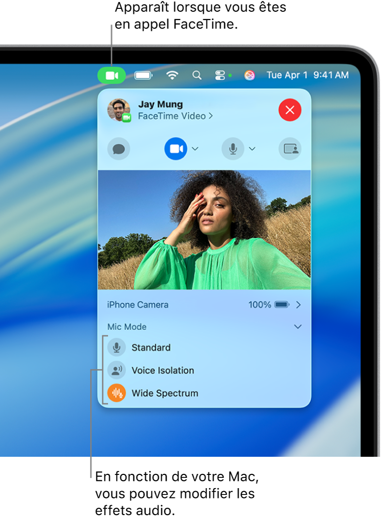 Centre de contrôle dans le coin supérieur droit de l’écran Mac, affichant le bouton Vidéo (qui apparaît lorsque vous êtes dans un appel FaceTime) et les options Mode micro (qui modifient les effets audio, selon votre Mac).