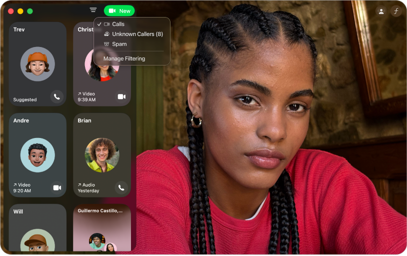 Jendela FaceTime menampilkan riwayat panggilan. Menu pemfilteran panggilan dibuka di tengah atas.