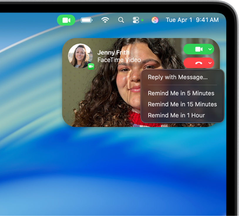 FaceTimeの着信通知。「応答」および「拒否」ボタンと、着信拒否のオプションが表示されています。