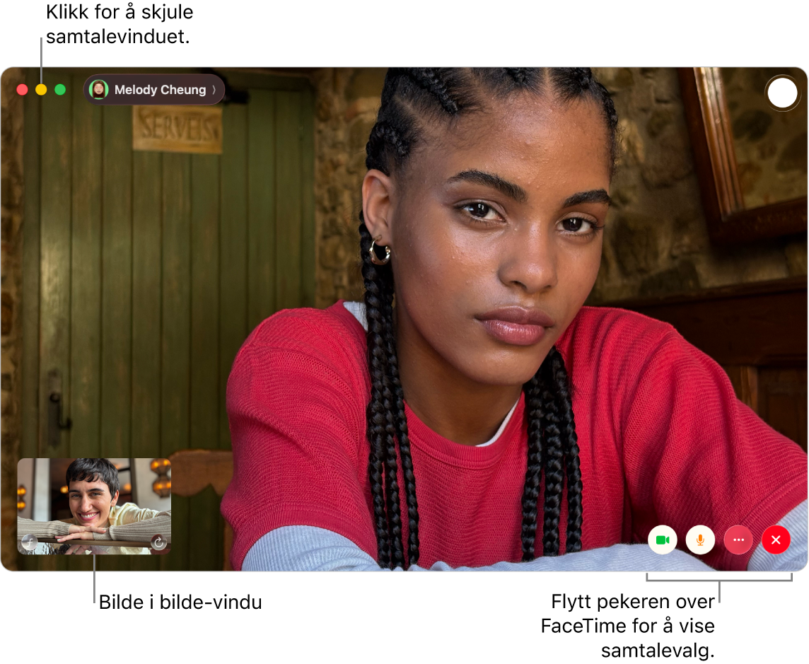 Hold pekeren over FaceTime-vinduet for å se Sidepanel-, Kamera-, Lyd av-, Skjermdeling-, Avslutt anrop- og Live Photo-knappene. Klikk på den midterste knappen øverst til venstre for å skjule samtalevinduet. Bilde i bilde-vinduet vises nederst til venstre.