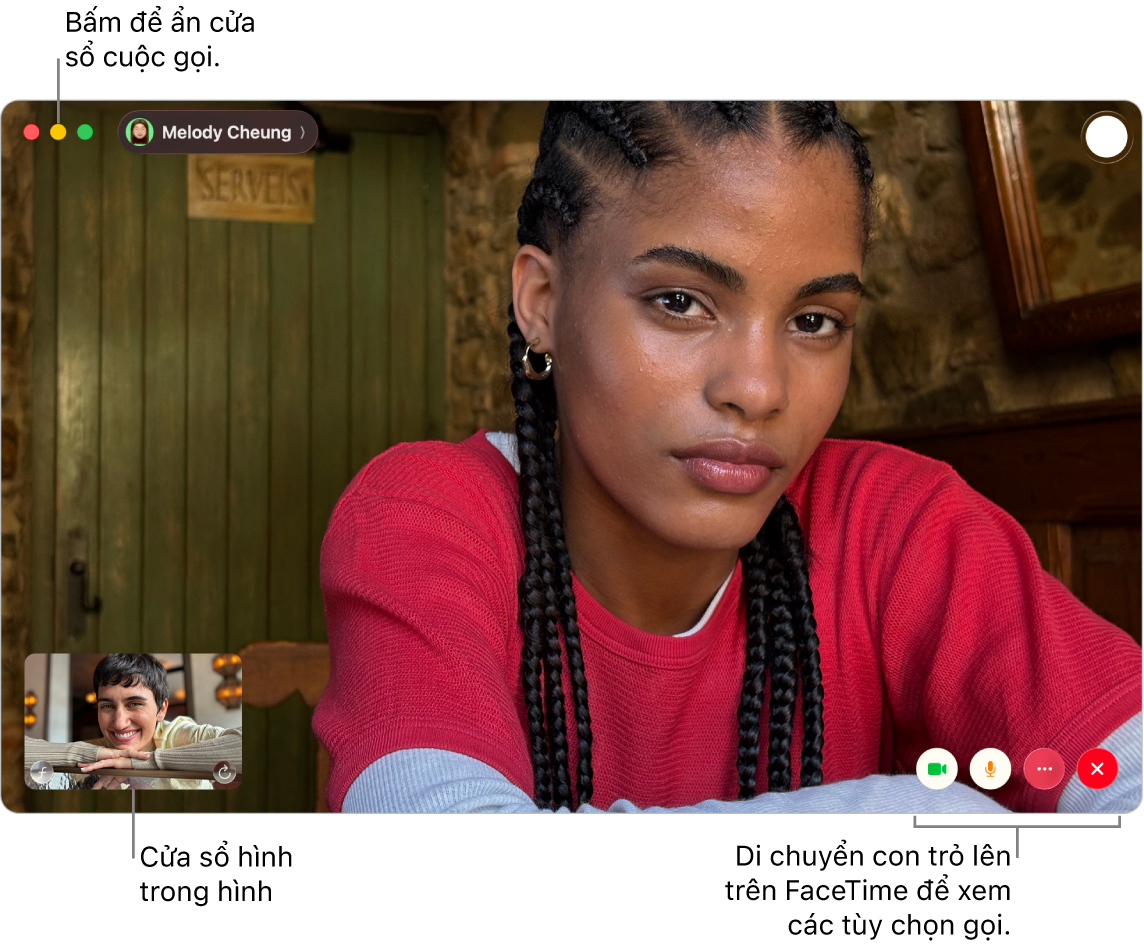 Di chuyển con trỏ lên trên cửa sổ FaceTime để xem các nút Thanh bên, Camera, Tắt tiếng, Chia sẻ màn hình, Kết thúc cuộc gọi và Live Photo. Bấm vào nút giữa ở góc trên cùng bên trái để ẩn cửa sổ cuộc gọi. Cửa sổ hình trong hình sẽ xuất hiện ở góc dưới cùng bên trái.