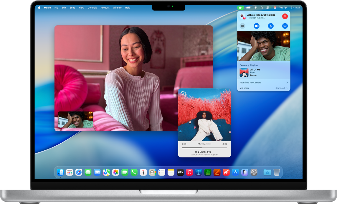 桌面顯示兩個參與者在 FaceTime 通話期間使用「同播同享」聆聽歌曲。