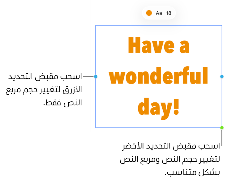 مربع نص محدد يعرض مقبض التحديد الأزرق (لتغيير حجم مربع النص فقط) ومقبض التحديد الأخضر (لتغيير حجم النص ومربع النص بشكل متناسب).