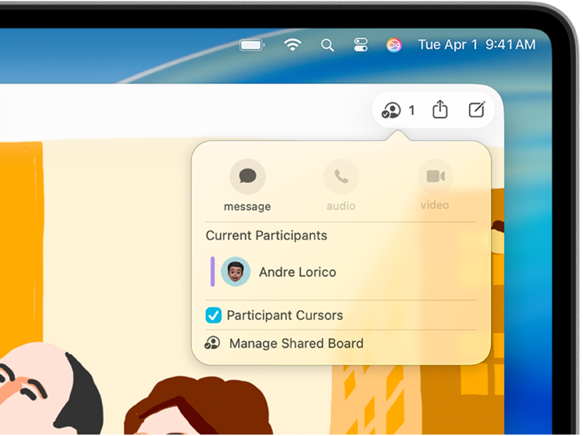 L’app Freeform mostra el menú desplegable de col·laboració amb un altre participant.