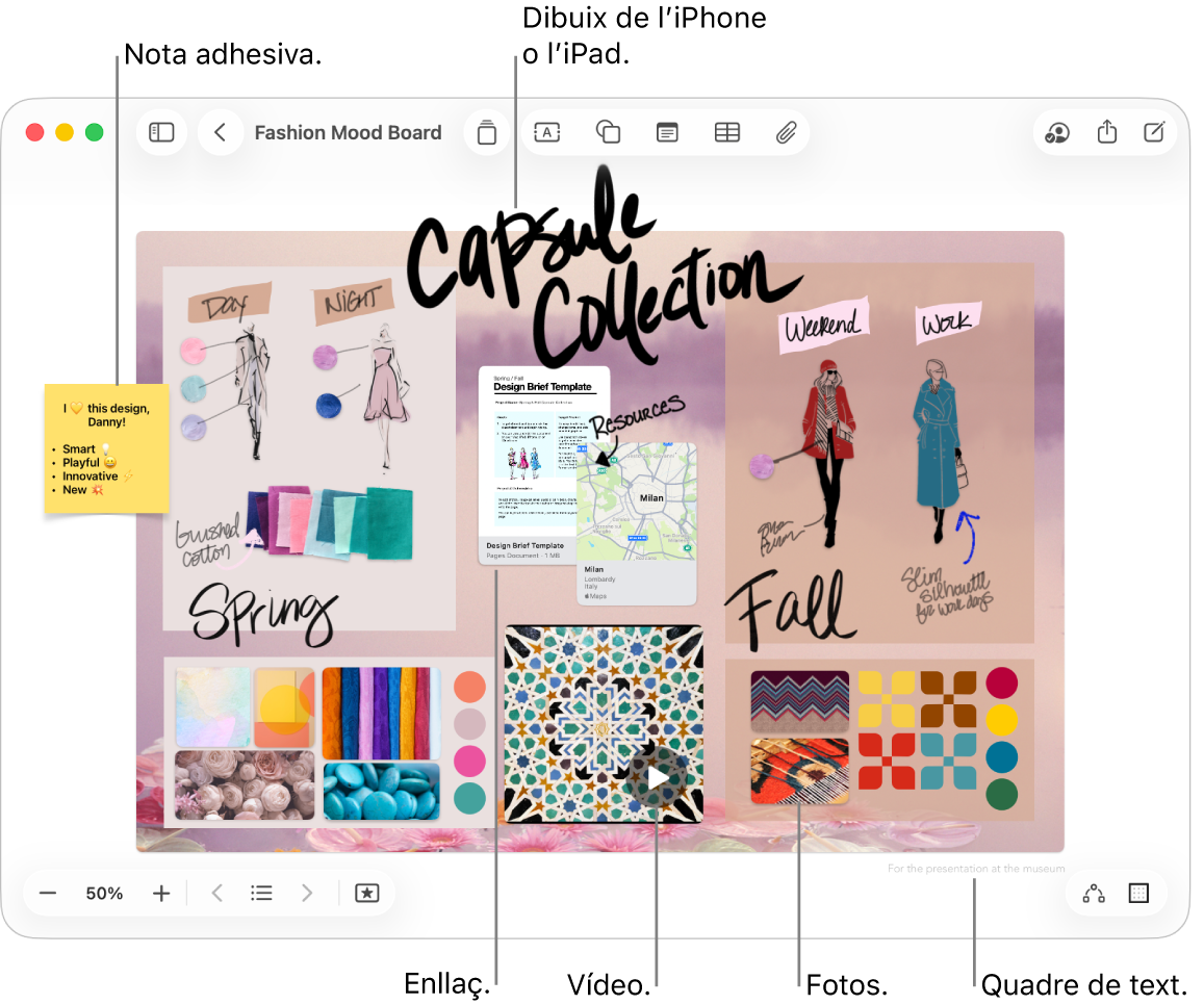 Una pissarra del Freeform amb diversos ítems, com ara un dibuix d’un iPhone o un iPad, una nota adhesiva, un enllaç, un quadre de text, un vídeo i diverses fotos.