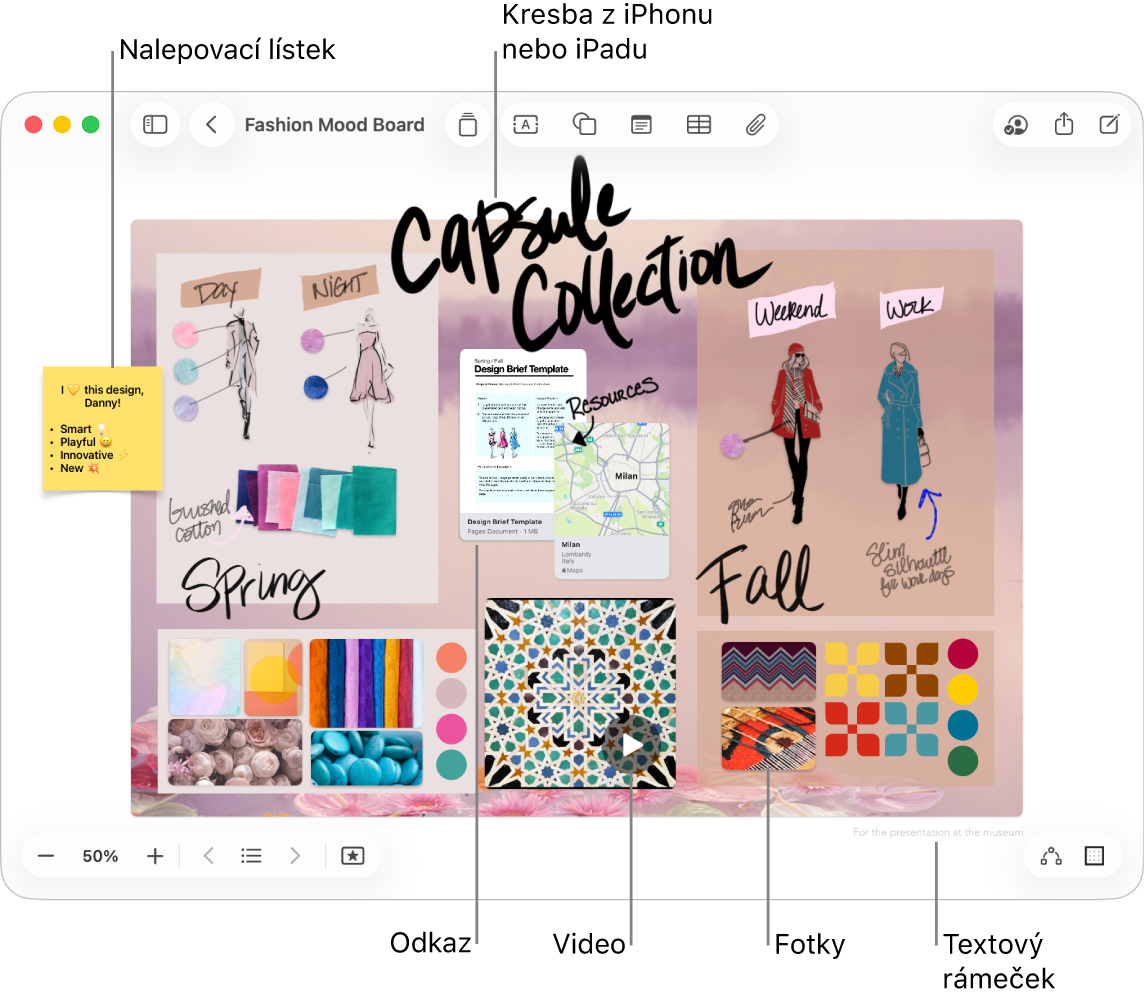 Tabule aplikace Freeform s různými položkami, jako je například kresba z iPhonu nebo iPadu, nalepovací lístek, odkaz, textový rámeček, video nebo několik fotek