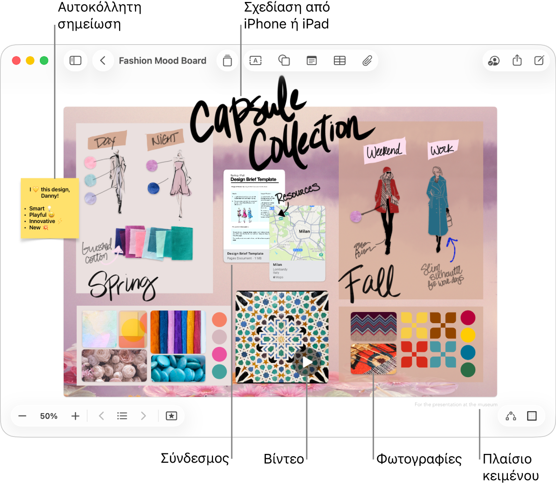 Ένας καμβάς Freeform με διάφορα στοιχεία, όπως σχέδιο από iPhone ή iPad, αυτοκόλλητη σημείωση, σύνδεσμος, πλαίσιο κειμένου, βίντεο και διάφορες φωτογραφίες.